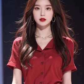 女夏红色设计绝美衬衫夏季复古新款别致港风法式气质上衣显瘦