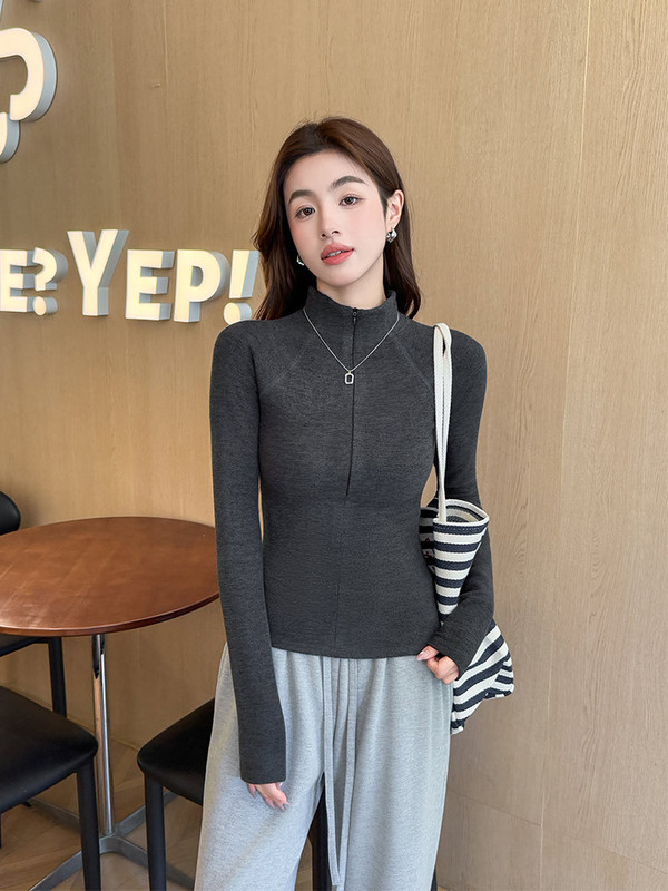 灰色半高领半拉链打底衫女内搭2025秋冬修身长袖高领上衣加厚t恤|undefined