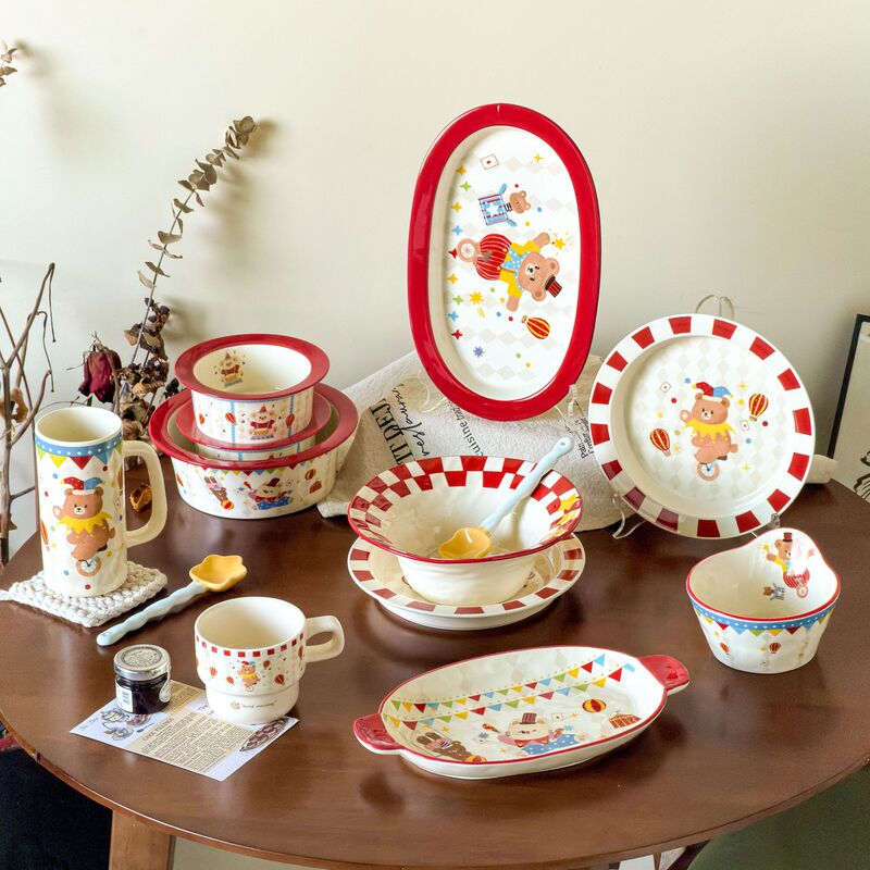 Circus-Themed Cute Tableware, Bowls and Chopsticks, Ceramic Dishes, 2025 New High-Value Plates, Rice Bowls, Noodle Bowls, Yogurt Bowls