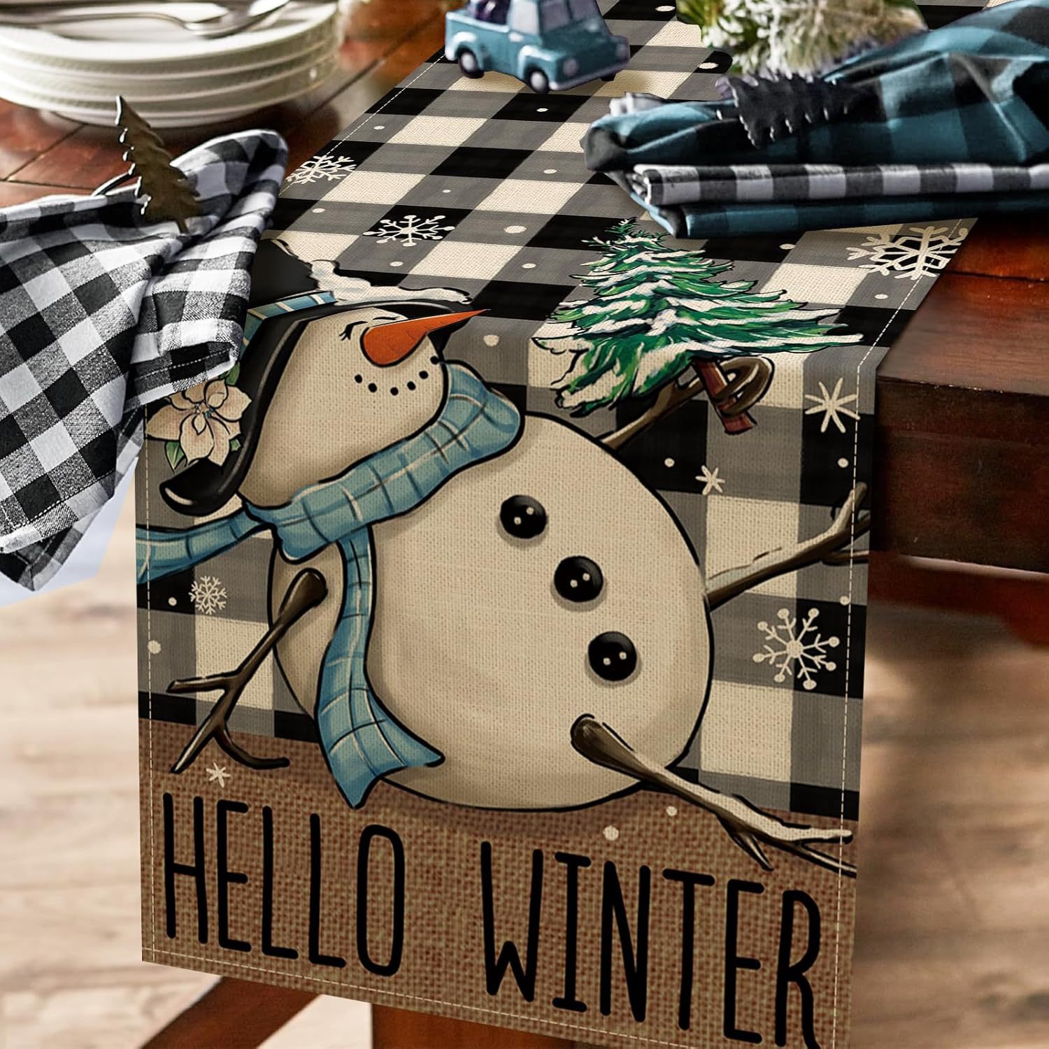 Transfronterizo 2024 Amazon nuevo invierno Navidad muñeco de nieve flocos de nieve lino tabla bandera de mesa mesa mesa de comedor bandera de té image 4
