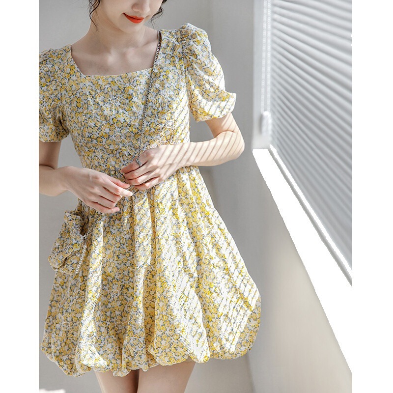 3322# gentle style first love floral skirt fresh sweet puff sleeve yellow dress waist-tight skirt for women Summer 3322# gentle style first love floral skirt fresh sweet puff sleeve yellow dress waist-tight skirt for women Summer