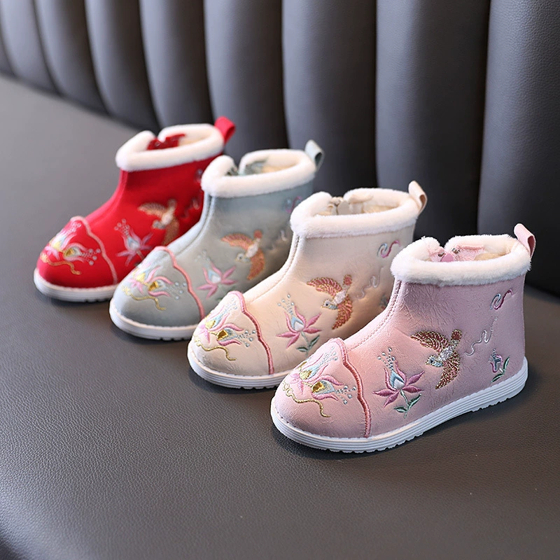Вышитые ботинки для девочек зимние бархатные хлопковые ботинки
