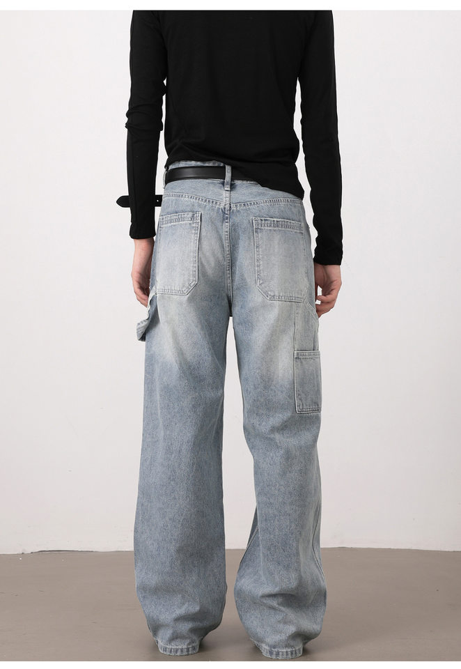 Quần jeans nam màu xanh nhạt dáng rộng ống đứng phong cách high street — Màu xanh dương chi tiết 10