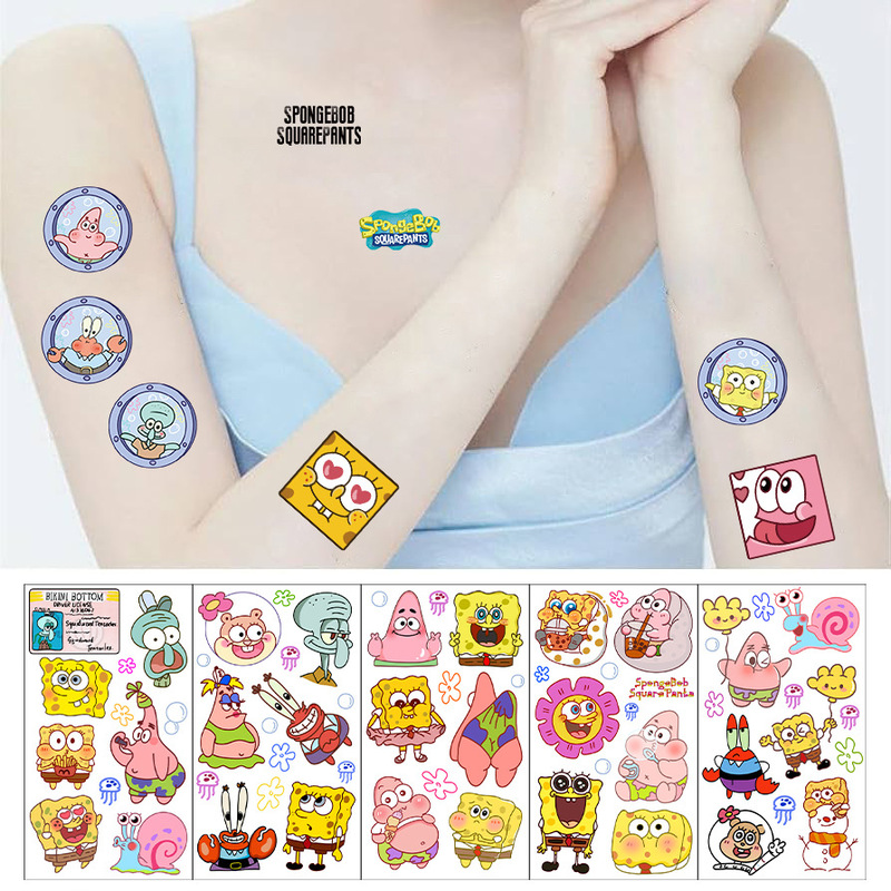 10 Sheets/Pack Spongebob Tattoo Stickers Cartoon Stickers Party Face Fun Temporary Waterproof Tattoo Stickers