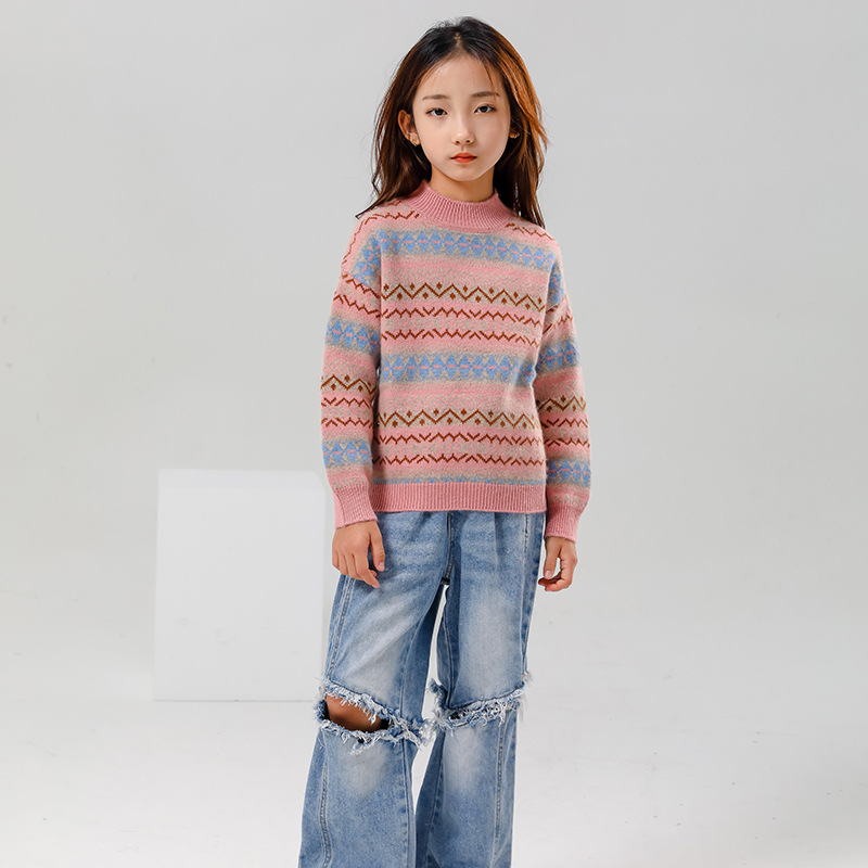 新款半高领三股复古提花撞色潮流设计款儿童山羊绒衫保暖针织毛衣