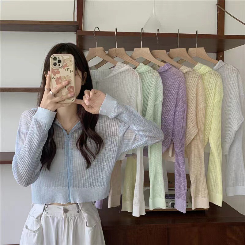 Hooded Short Long-sleeved Sun-protective Shirt Women's Summer Thin Knitted Cardigan Zipper Slimming All-match Top Women's Small Coat Hooded Short Long-sleeved Sun-protective Shirt Women's Summer Thin Knitted Cardigan Zipper Slimming All-match Top Women's Small Coat