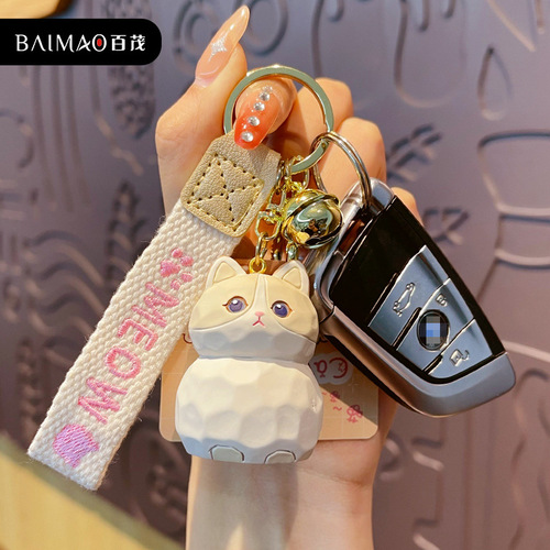 Baimao original resin wood carving cat keychain for women cute creative meow family doll key chain school bag pendant