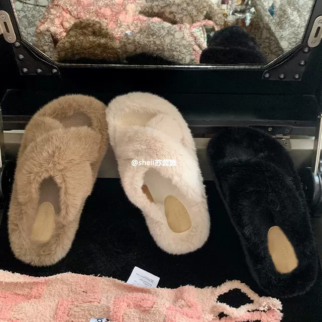 【葡萄妈同款】心动旋律~韩国交叉带厚底加绒毛毛拖鞋女秋冬外穿