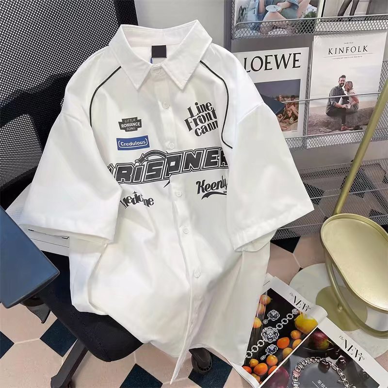 2022 nueva camisa de manga corta con estampado de letra de calle americana para hombres camisa de nicho casual BF suelta de hip hop Retro