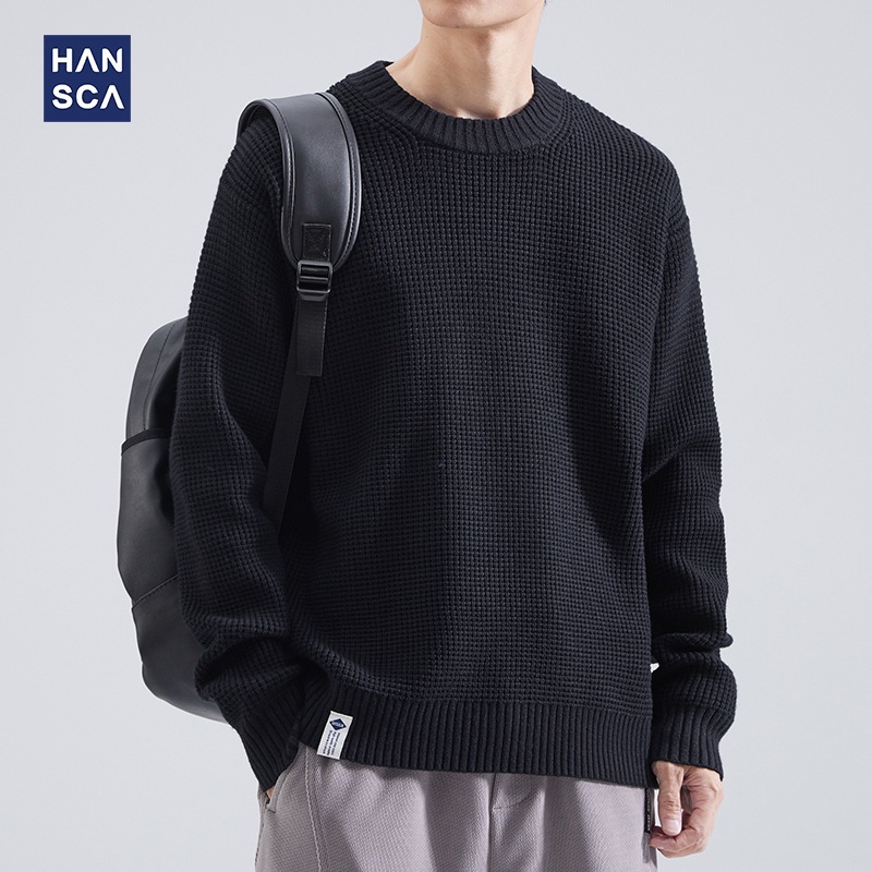 Hansca Lazy Style Sweater Men's Trendy Brand Autumn and Winter Solid Color Round Neck Pullover Loose Casual Knitted Base Shirt