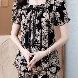 蝴蝶结短袖洋气雪纺时尚新款宽松大码女装夏季印花短裤两件套套装