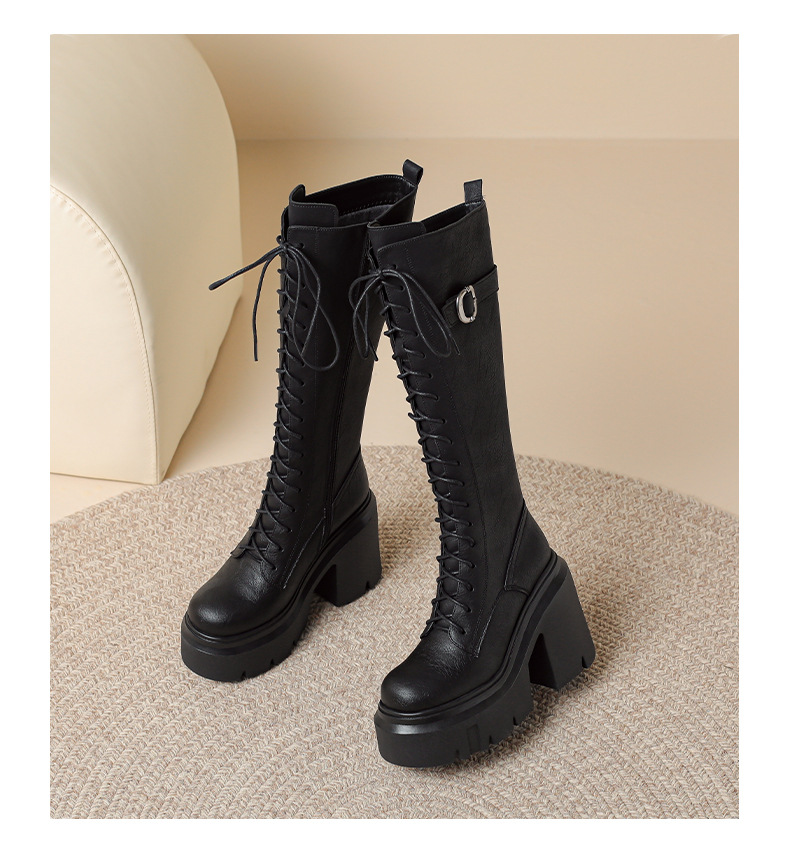 Boot nữ da thật cổ cao dây buộc gót 12 cm đế dày — Lót nhung đen chi tiết 7