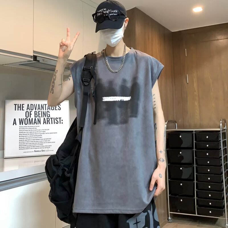 Suede Sleeveless T-shirt Men's Summer Loose Waistcoat Vest American Fashion Brand Heavy Boys' Short Sleeve Top Suede Sleeveless T-shirt Men's Summer Loose Waistcoat Vest American Fashion Brand Heavy Boys' Short Sleeve Top