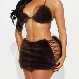 欧美跨境亚马逊女式性感辣妹毛毛抽绳短裙低腰绑绳露脐包臀半身裙