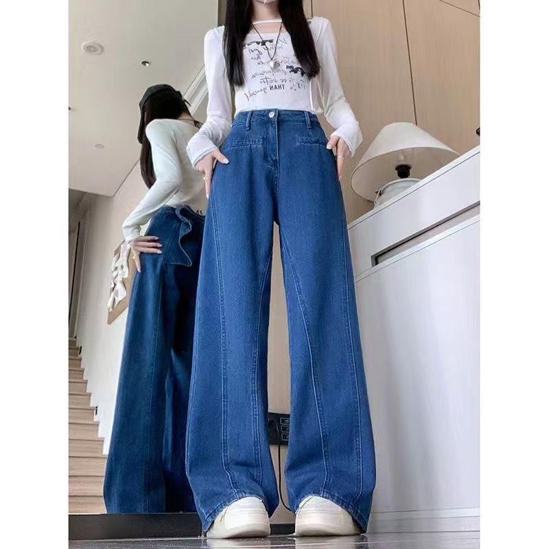 American High-Waisted Slim Jeans Early Spring New Retro Design Back Waist Bow Hyperbolic Straight Jeans