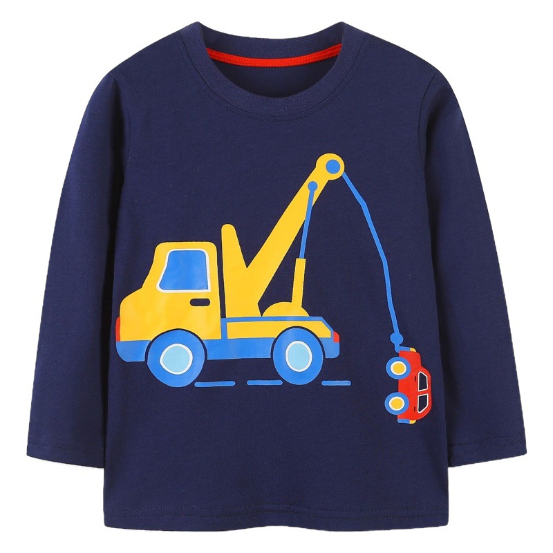 Camiseta de manga larga para niños estilo primavera y otoño con estampado de excavadora, estilo europeo y americano, camiseta básica con cuello redondo para niños pequeños.
