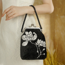 银丝雪尼尔黑色绣花手提包  中国风旗袍手拎包 中古风串珠小方包