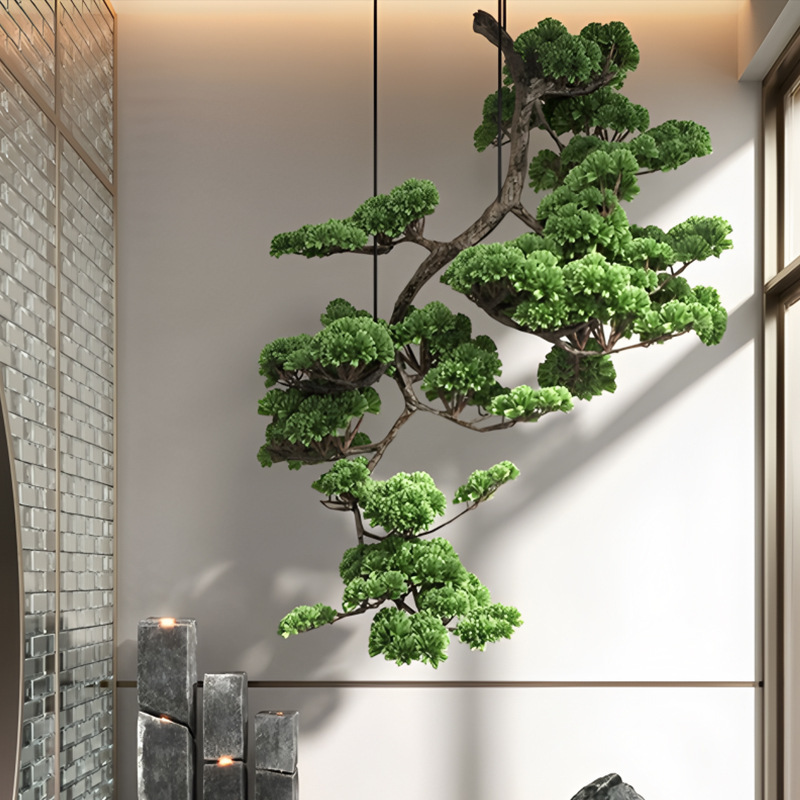 仿真绿色植物新中式倒挂迎客松景观植物茶室玄关橱窗罗汉松假树装|undefined