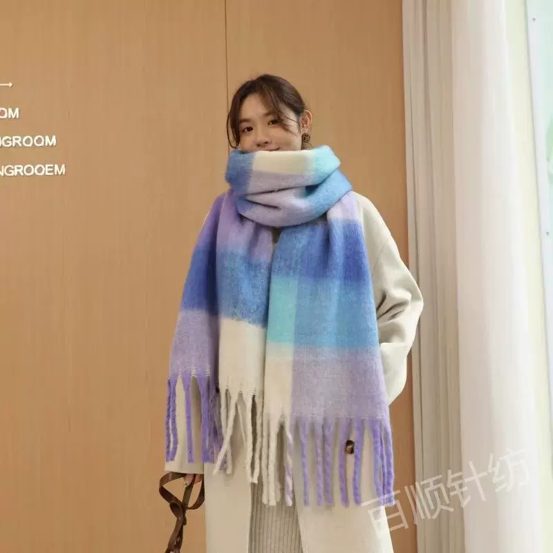 AC彩虹围巾女马海毛保暖情侣披肩围脖百搭格子加厚彩色流苏围巾