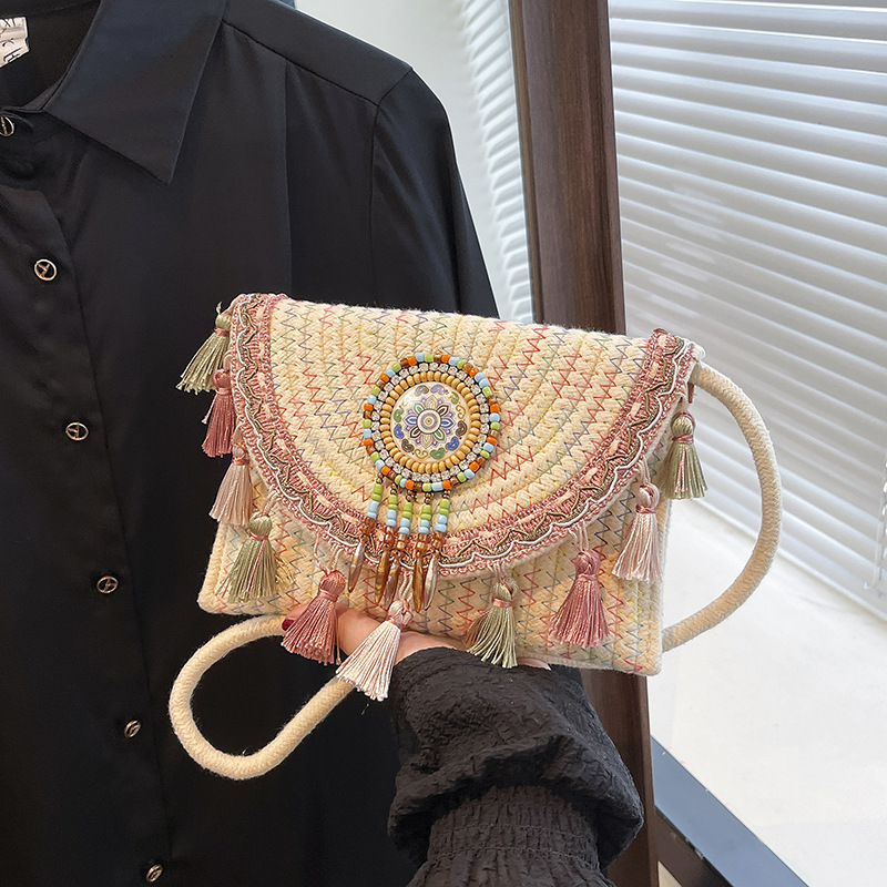 Handmade Rattan Shoulder Bag With Leather Trim Eco-friendly Basket_voghion.com