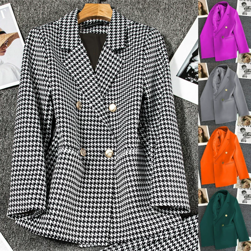 Весенний пиджак женский 2025 весна и осень двубортный клетчатый костюм темперамент тонкий