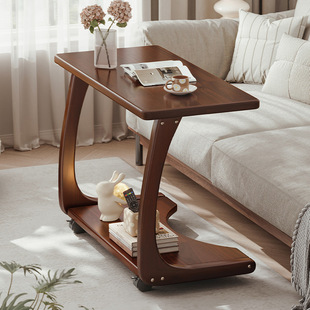 Solid Wood Sofa Side Table Movable Bedside Table with Wheeled Side Cabinet Household Living Room Small Apartment C- shaped Small Coffee Table