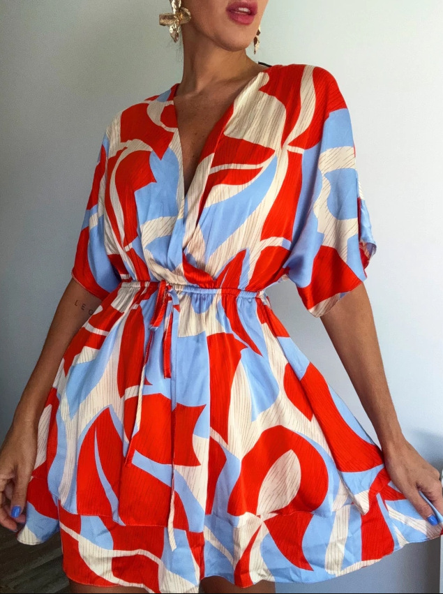 Abstract Print V-Neck Midi Dress With Tie Waist, Flowy Short Sleeve Summer Dress For Vacation & Casual Outings_ecoleips.com