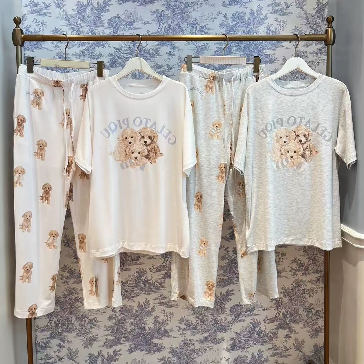 Japanese-Style Gp Modal Nightdress Couple Pajamas Unisex Summer Cute Dog Short-Sleeve Long Pants Loungewear Set