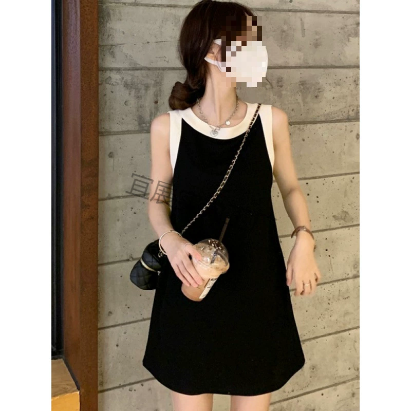 Черное французское платье для женщин 2025, новое летнее платье без рукавов для миниатюрных, контрастная цветовая вставка, жилет-юбка