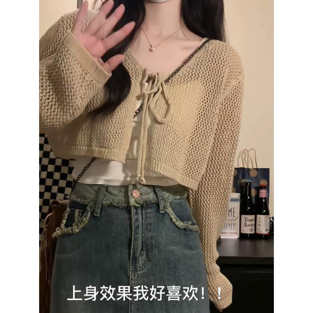 Летний тонкий солнцезащитный кардиган для женщин с юбкой на подтяжках, блузкой-шалью, вязаным маленьким жилетом, короткой курткой с вырезами.