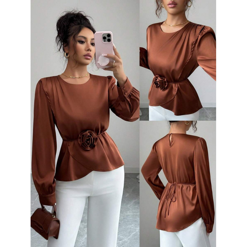 Cross-border Amazon European and American 2026 Autumn New Elegant Solid Color 3D Floral Decorated Asymmetrical Long Sleeve Shirt for Women Cross-border Amazon European and American 2026 Autumn New Elegant Solid Color 3D Floral Decorated Asymmetrical Long Sleeve Shirt for Women