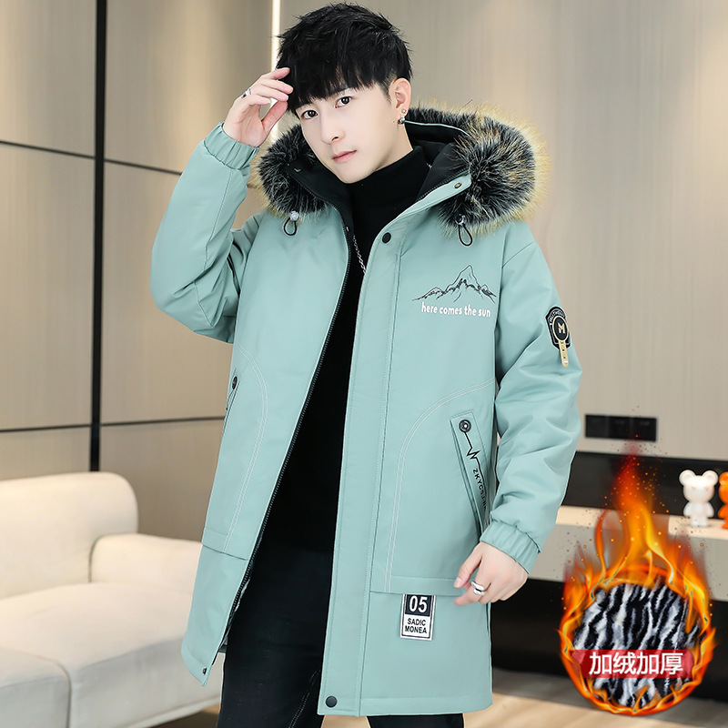 Men's long-sleeved hooded mid-length fleece-lined thickened printed cotton coat, trendy and warm cotton-padded jacket for teenagers and men.