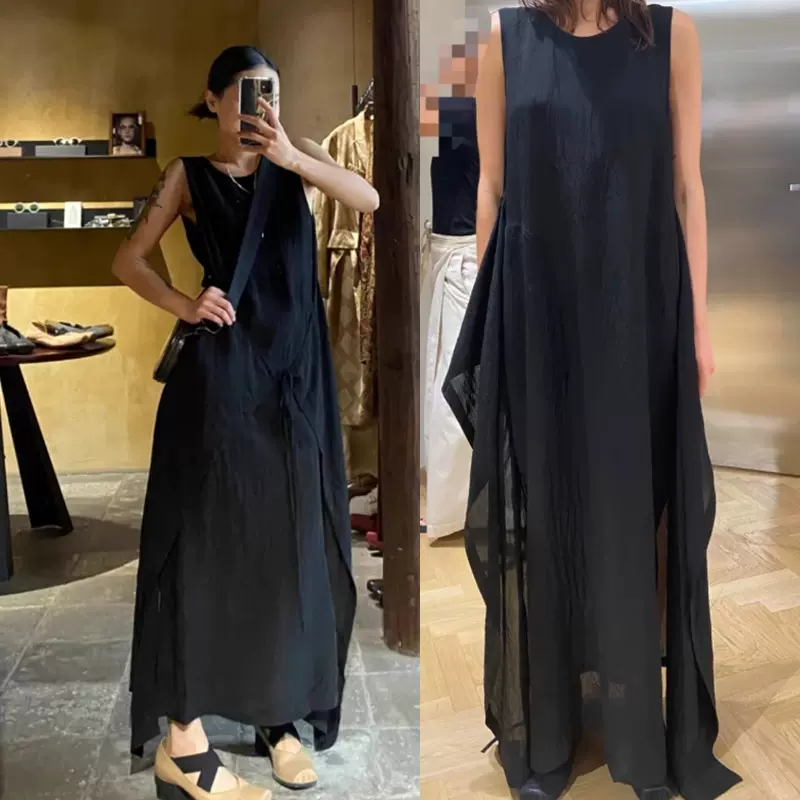 文艺拼接系带长裙无袖宽松垂坠口袋纯色连衣裙不规则阔摆春夏休闲