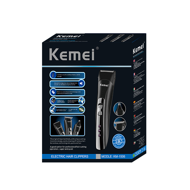 Cortadora de Pelo Eléctrica Kemei para Peinar y Recortar, Afeitadora Recargable USB 3 en 1 y Recortadora de Vello Nasal KM-1506.