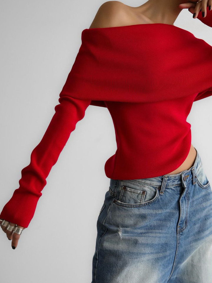 Áo len nữ dài tay dệt kim trễ vai ôm sát — Màu cà phê, Màu trắng, Màu xám, Màu đen chi tiết 21