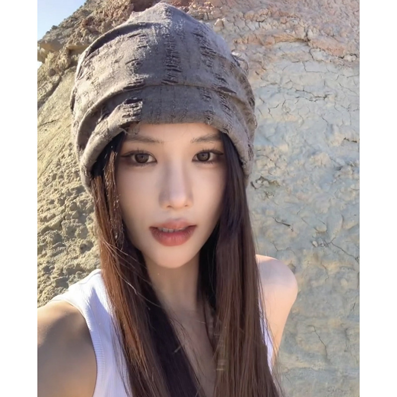 ins破洞堆堆帽女秋冬百搭保暖护耳月子帽韩版潮大头围包头帽冷帽|undefined