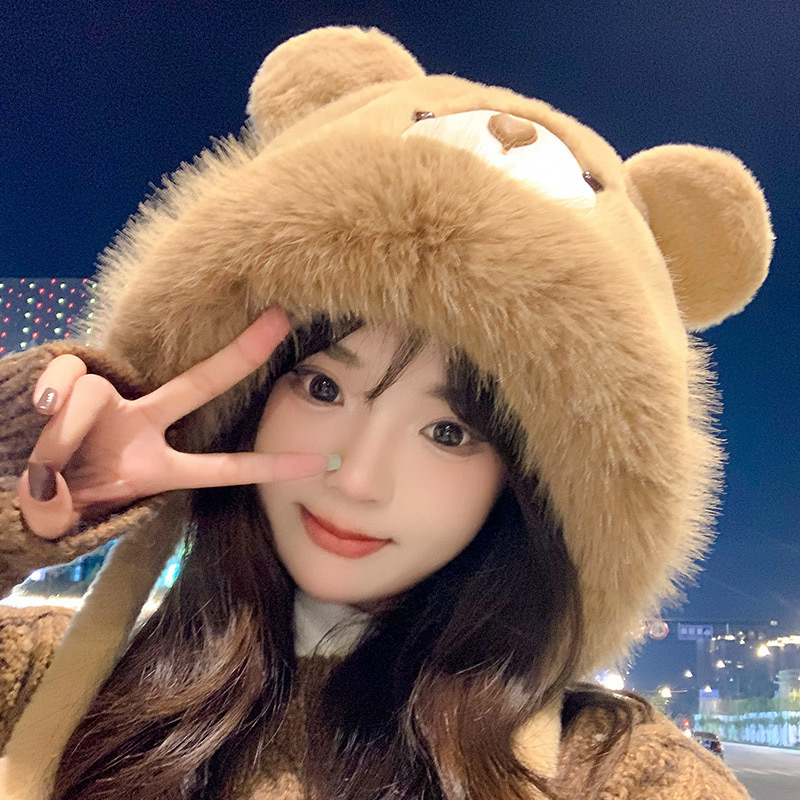 ぬいぐるみクマの帽子女性のための秋と冬 2025 新しいかわいい顔が見える小さな防風暖かい耳保護多用途プルオーバー帽子