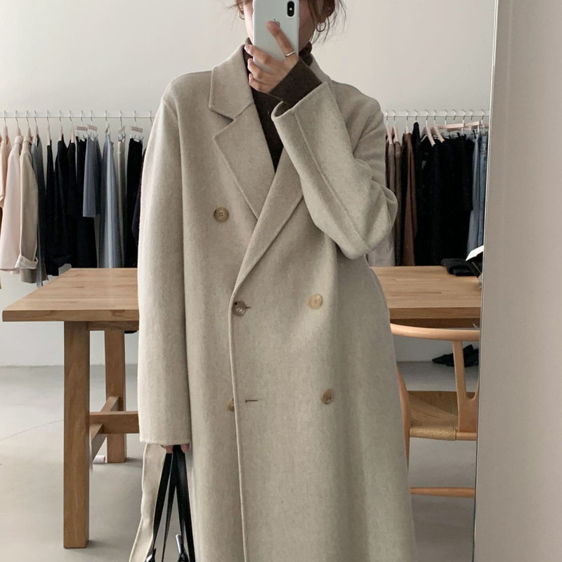 South Korea chic autumn and winter simple temperament lapel double-breasted strap loose long warm woolen cloth coat South Korea chic autumn and winter simple temperament lapel double-breasted strap loose long warm woolen cloth coat