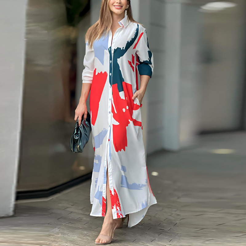 Women's Regular Dress Vacation Turndown Printing Long Sleeve Abstract Midi Dress Holiday Beach display picture 1