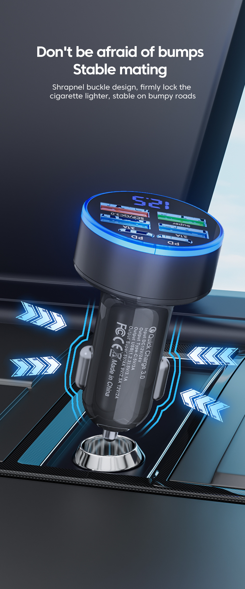 Multi-port with digital display support super fast charging 6/8 port with voltage vehicle-mounted one-to-six/8-car fast charging cross-border