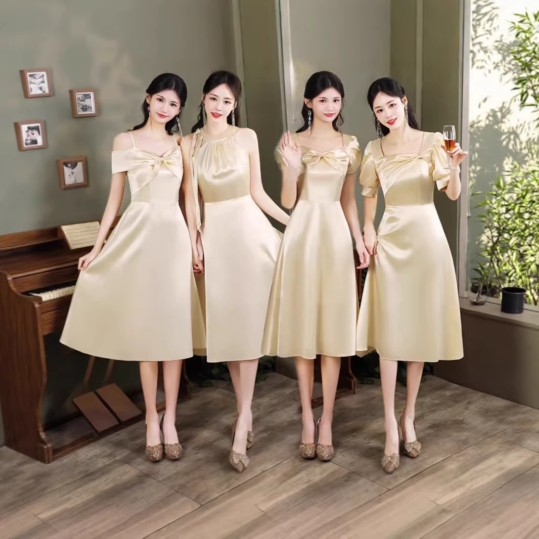 Bridesmaid Dresses 2026 New Style Pearlescent Satin Lace-Up Champagne Color High-End Niche Sister Group New Chinese-Style Gown