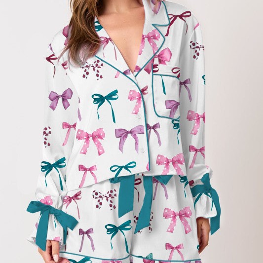 2024 New Amazon Aliexpress Bow Printed Homewear Suit for Women