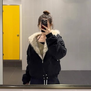 Super Good-looking American Black Mountain Carving fleece-lined Thickened Cotton-padded Jacket Women's Winter 2024 New High-end Cotton-padded Jacket