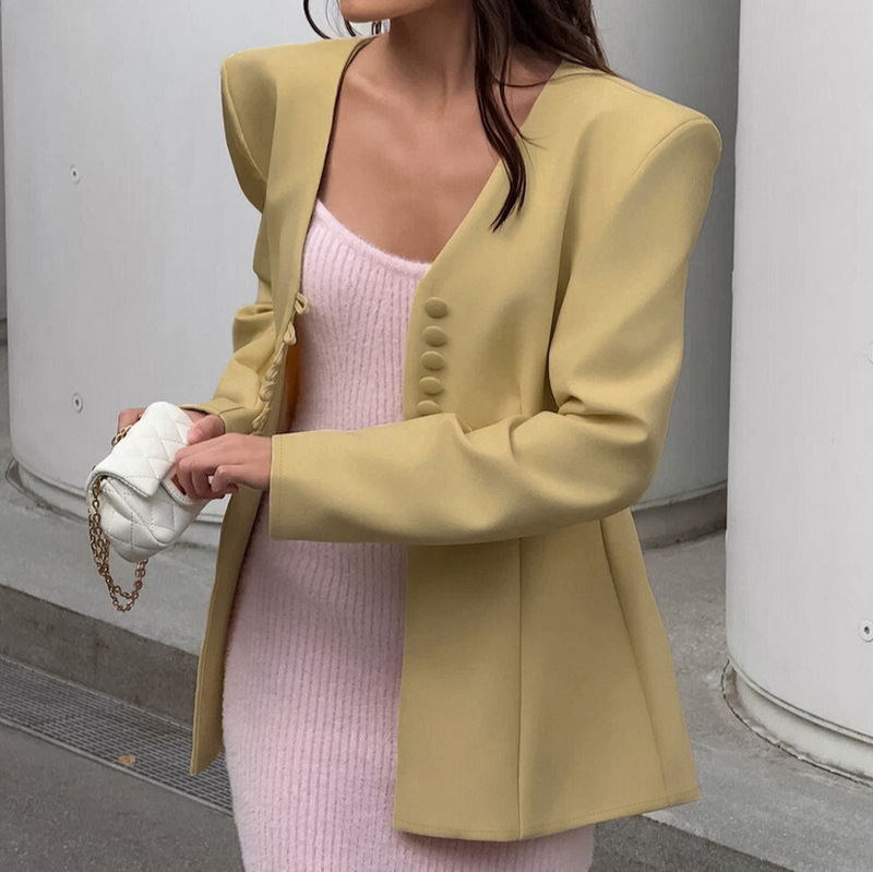 春秋季欧美跨境通勤女装小众设计感挺阔v领盘扣收腰小西装外套女|undefined