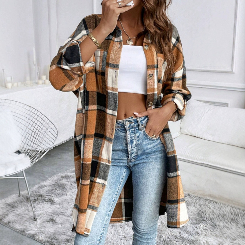 Flannel Plaid Long Women's Shirt, Loose and Versatile, with Side Slit Pockets, Street Casual Outerwear Top Flannel Plaid Long Women's Shirt, Loose and Versatile, with Side Slit Pockets, Street Casual Outerwear Top