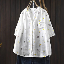 日系森女文艺小清新甜美v领宽松单口袋双层棉纱短袖衬衫女打底衫