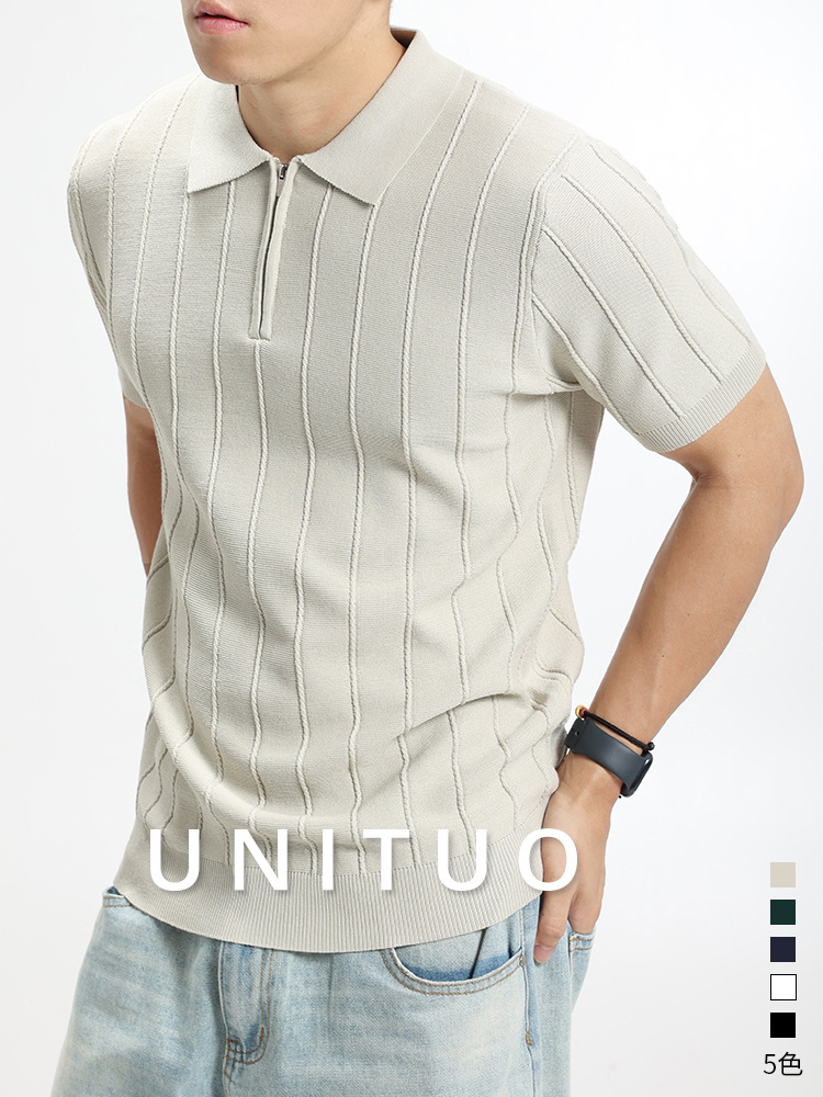Lujo ligero de alta calidad zipper jersey polo camiseta de hombre manga corta con solapa vertical texturizada camiseta de alta calidad ropa de hombre