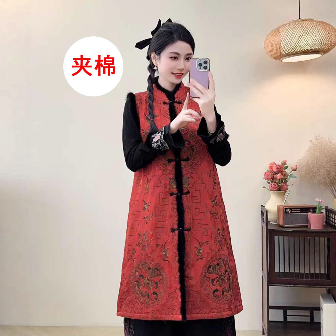 2025新款民族风复古立领夹棉马甲女中长款刺绣水貂毛拼接背心棉衣