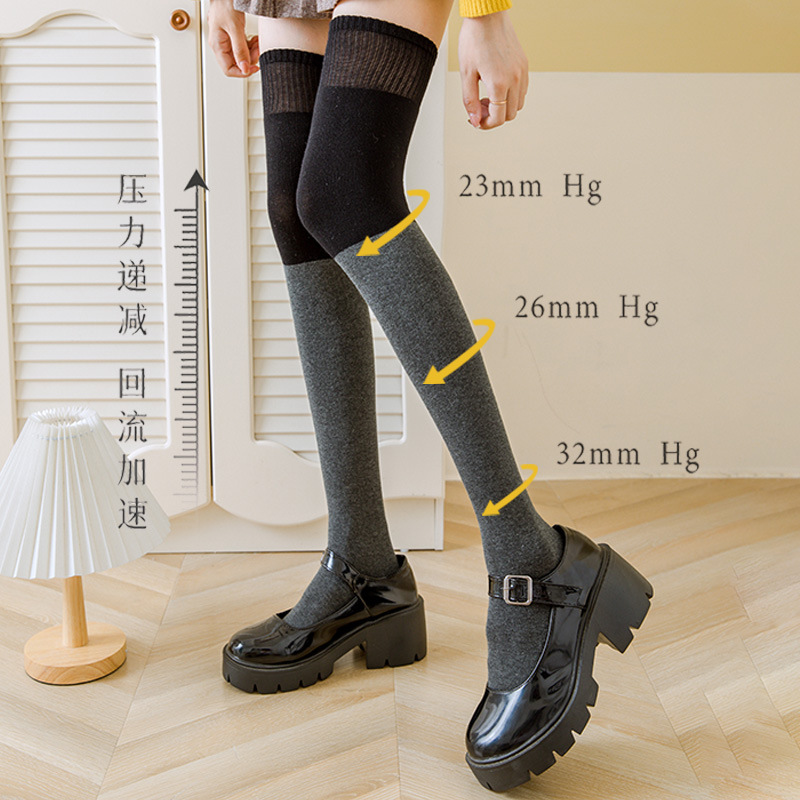 Partial pressure contrast color stitching over-the-knee socks autumn and winter fleece-lined knee pad foot stockings combed cotton skinny leg half high stockings