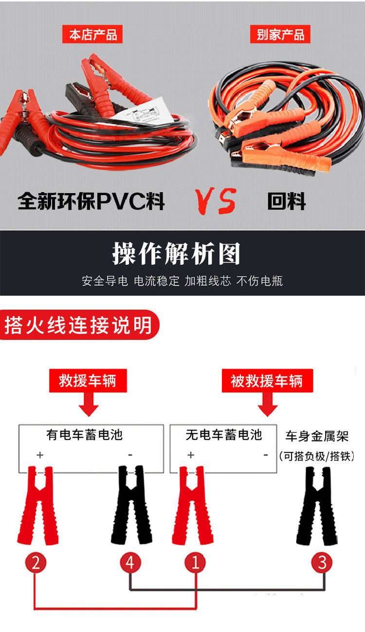 Special Battery Cables for Large Trucks and Cars, Emergency Jumper Cables, Pure Copper Clamps, Thickened Connecting Cables, Jump-Start Cables